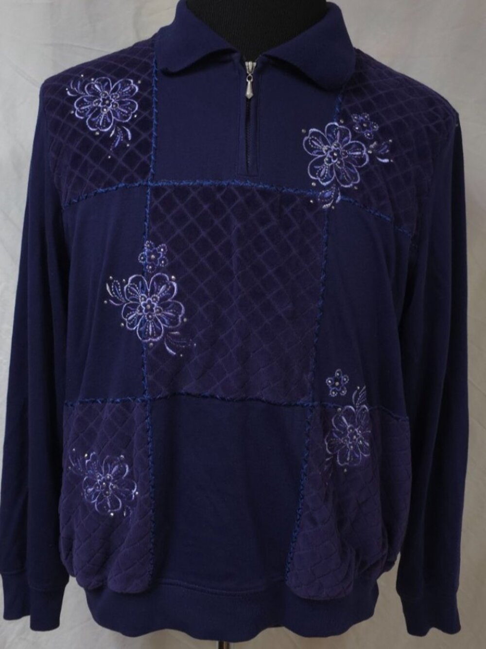 Alfred Dunner Womens XL Purple 1/4 Zip Floral Embellished Collared Sweatshirt